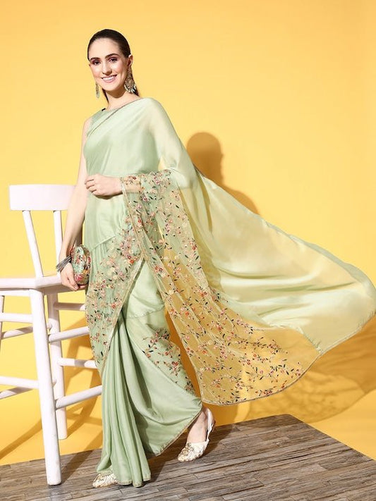 Solid Satin Saree with Embroidered border - Inddus.com