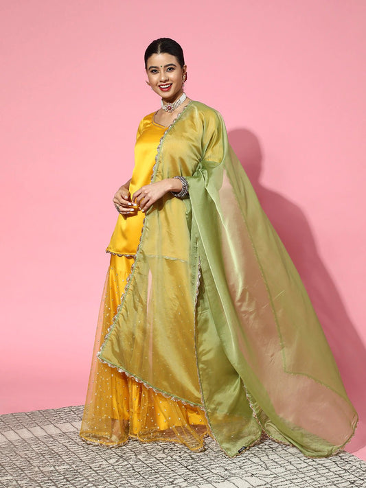 Solid Satin Scalloped Edge Kurta Set - Inddus.com