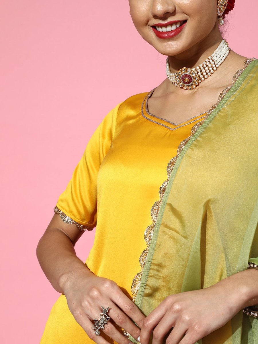 Solid Satin Scalloped Edge Kurta Set - Inddus.com