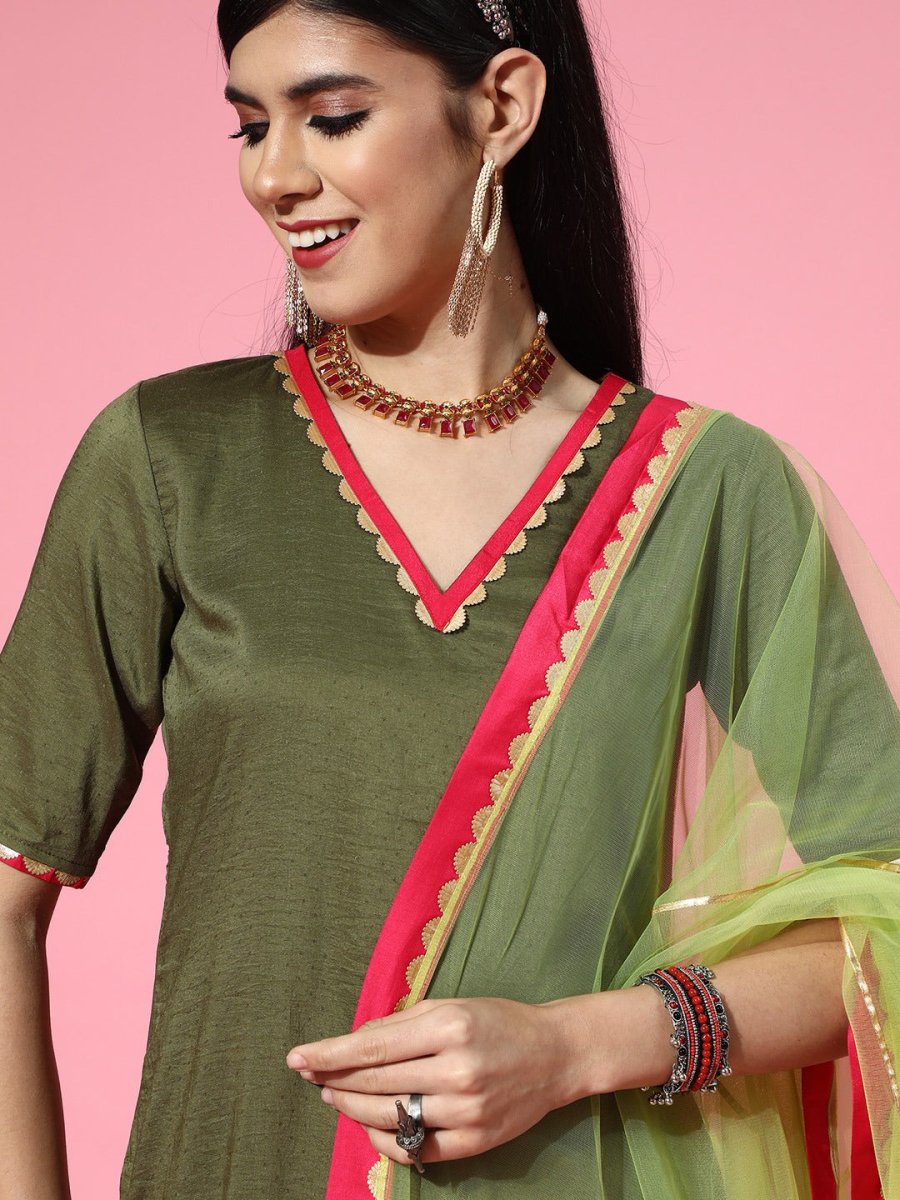 Solid Silk Blend Scalloped Edge Kurta Set - Inddus.com