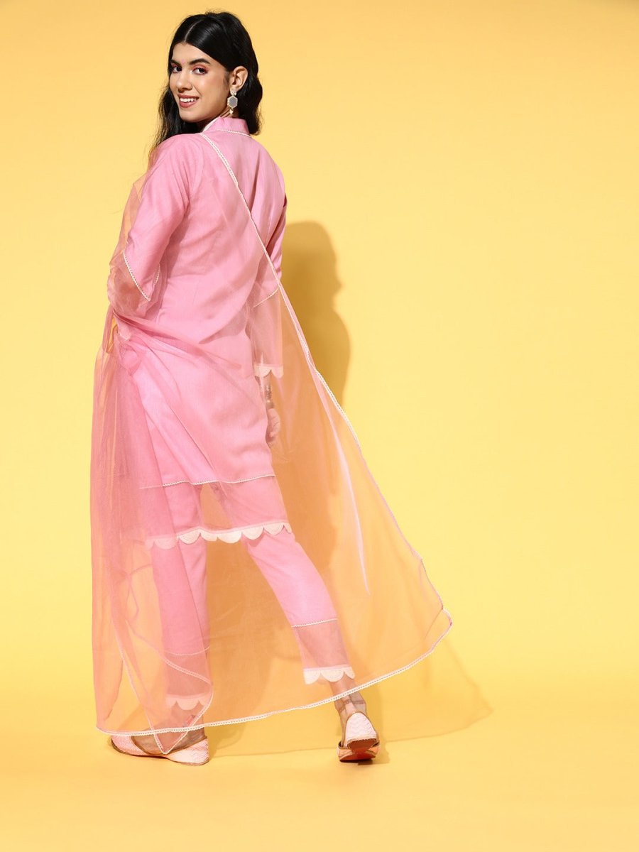 Solid Silk Blend Scalloped Edge Kurta Set - Inddus.com