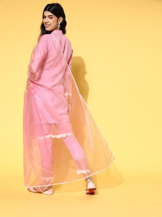 Solid Silk Blend Scalloped Edge Kurta Set - Inddus.com