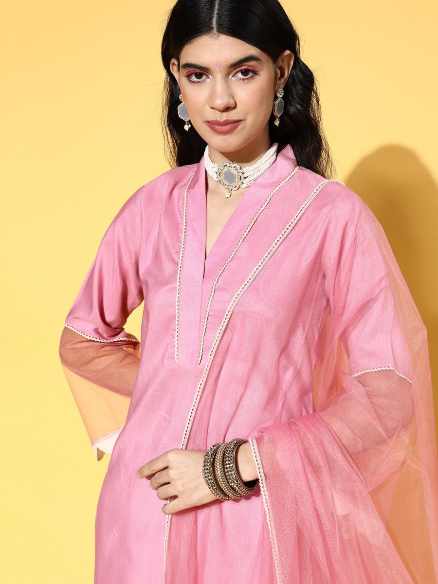 Solid Silk Blend Scalloped Edge Kurta Set - Inddus.com