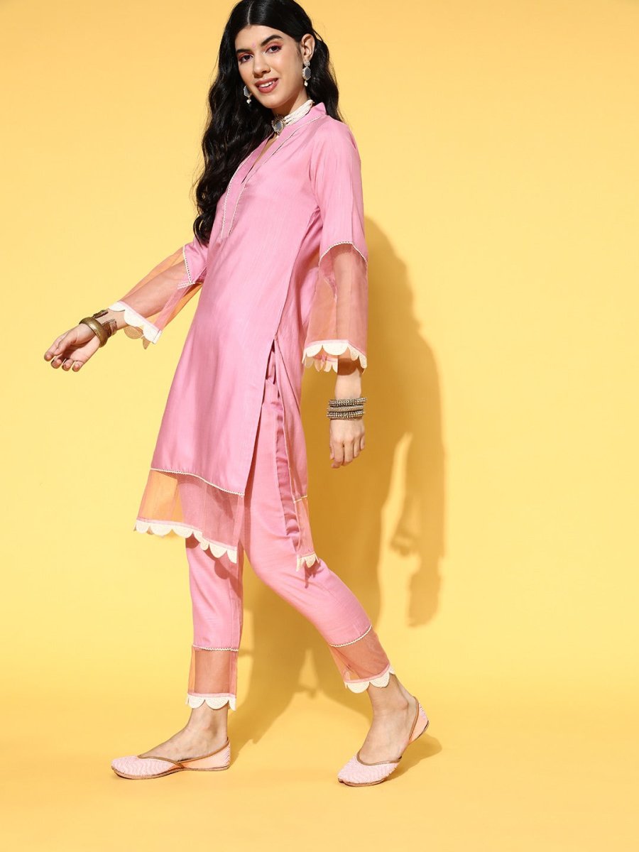 Solid Silk Blend Scalloped Edge Kurta Set - Inddus.com