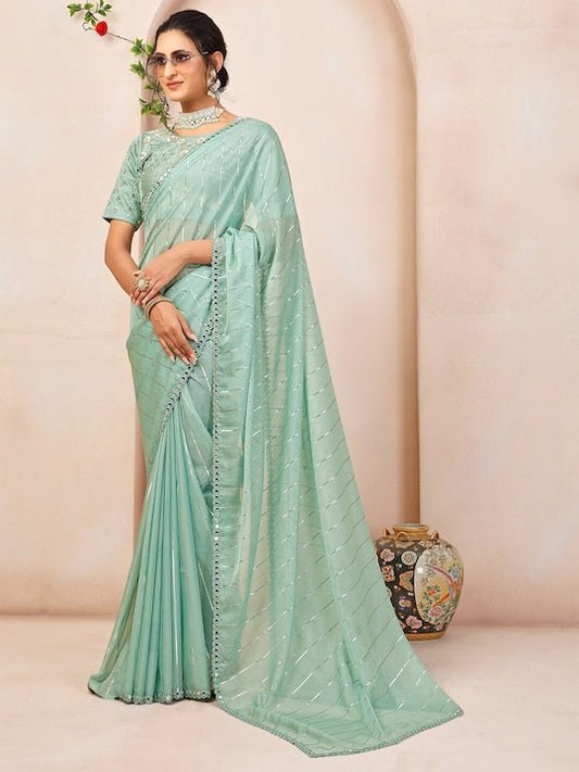 Striped Mirror Work Organza Saree