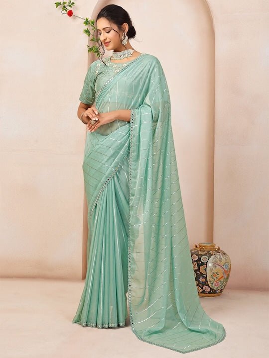 Striped Mirror Work Organza Saree