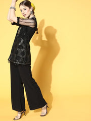 Striped Net Scalloped Edge Kurta Set - Inddus.com