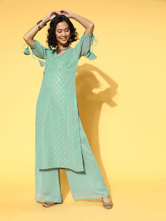 Striped Poly Georgette Nuovo Sleeves Kurta Set - Inddus.com