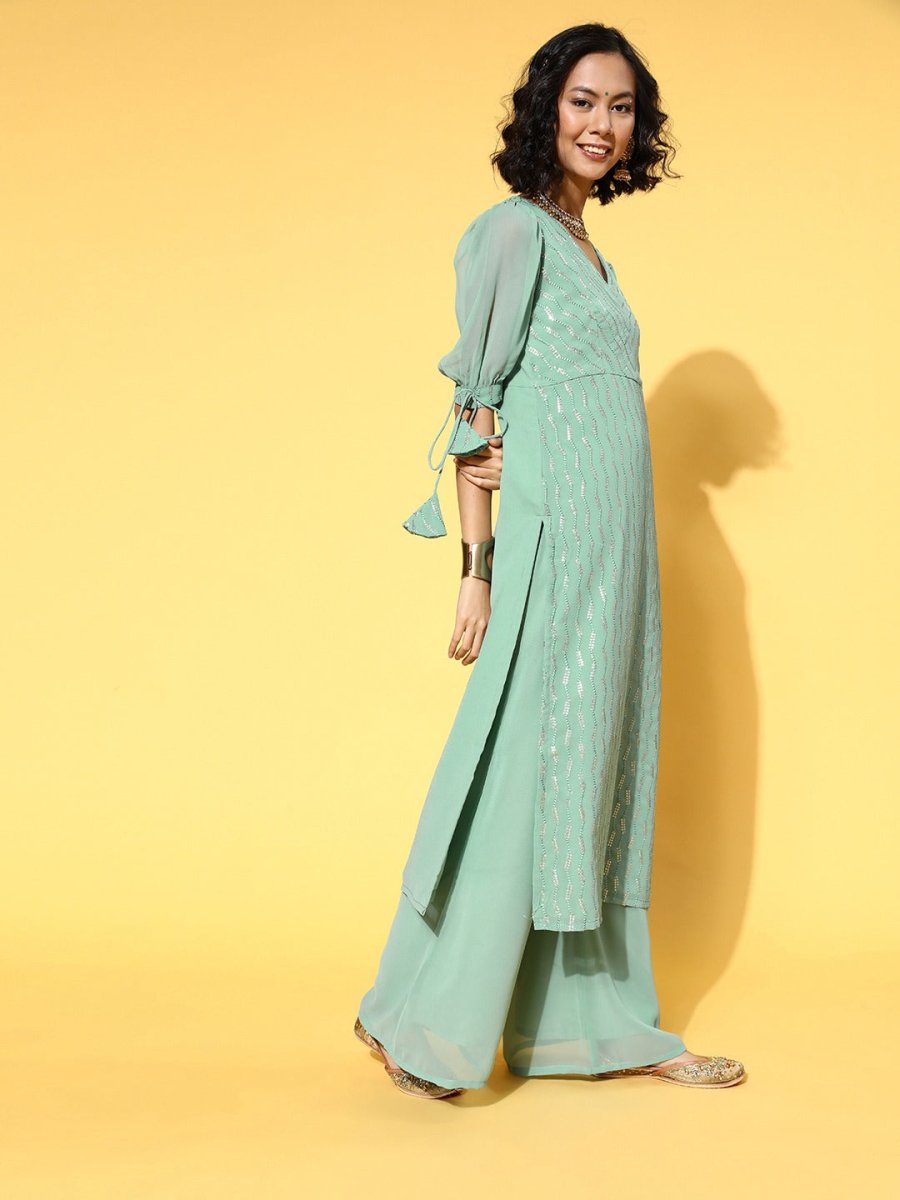 Striped Poly Georgette Nuovo Sleeves Kurta Set - Inddus.com