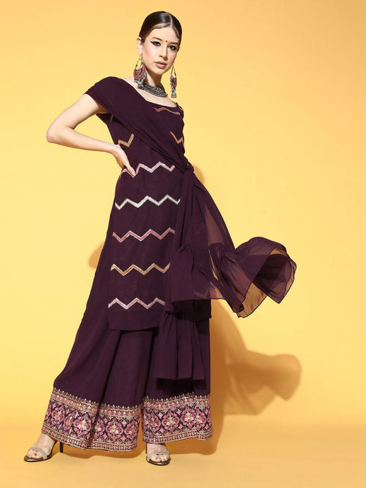 Striped Poly-Georgette Swirling Volume Kurta Set - Inddus.com