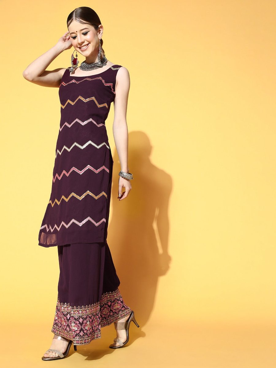 Striped Poly-Georgette Swirling Volume Kurta Set - Inddus.com