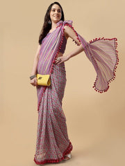 Striped Printed Boarder Saree - Inddus.com