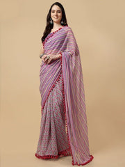 Striped Printed Boarder Saree - Inddus.com