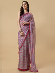 Striped Printed Boarder Saree - Inddus.com