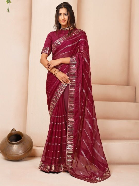 Striped Sequinned Organza Saree