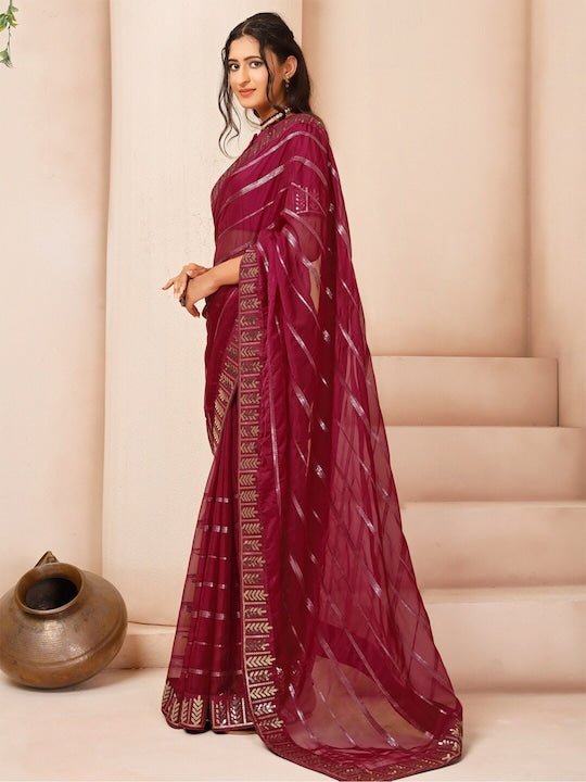 Striped Sequinned Organza Saree