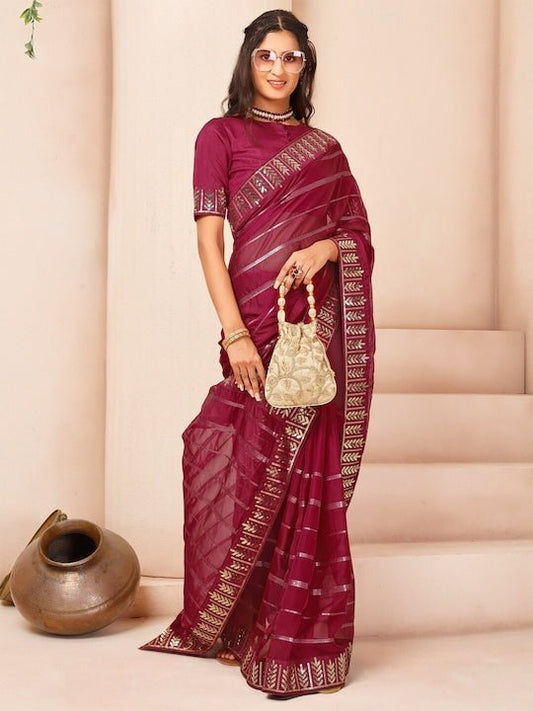 Striped Sequinned Organza Saree