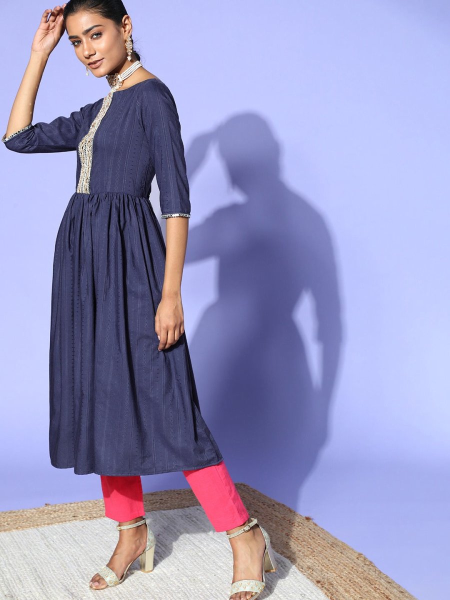 Stunning Blue Cotton All in the Details Kurta - Inddus.com