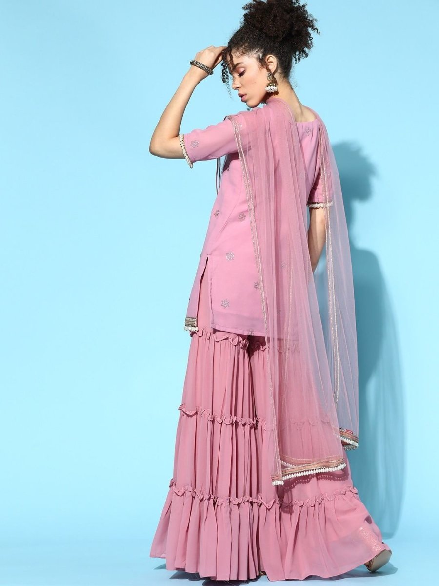 stunning pink poly georgette embroidered kurta set