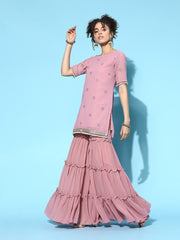 stunning pink poly georgette embroidered kurta set