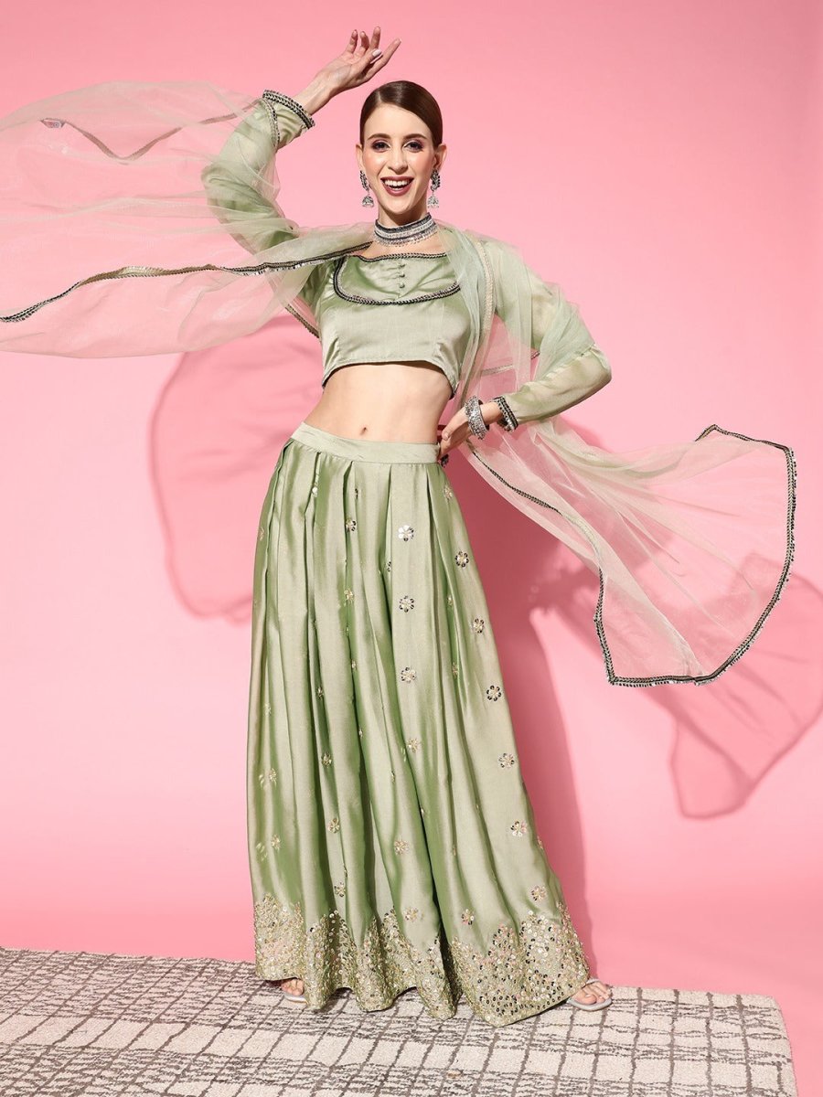 Stylish Green Embroidered Semi-stitched Lehenga Choli With Dupatta - Inddus.com