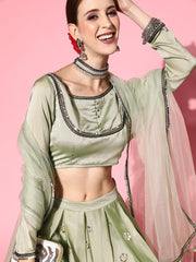 Stylish Green Embroidered Semi-stitched Lehenga Choli With Dupatta - Inddus.com