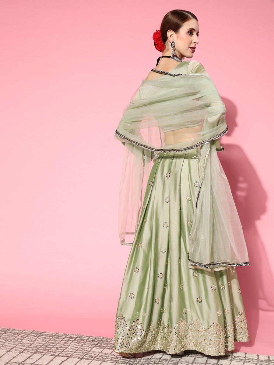 Stylish Green Embroidered Semi-stitched Lehenga Choli With Dupatta - Inddus.com