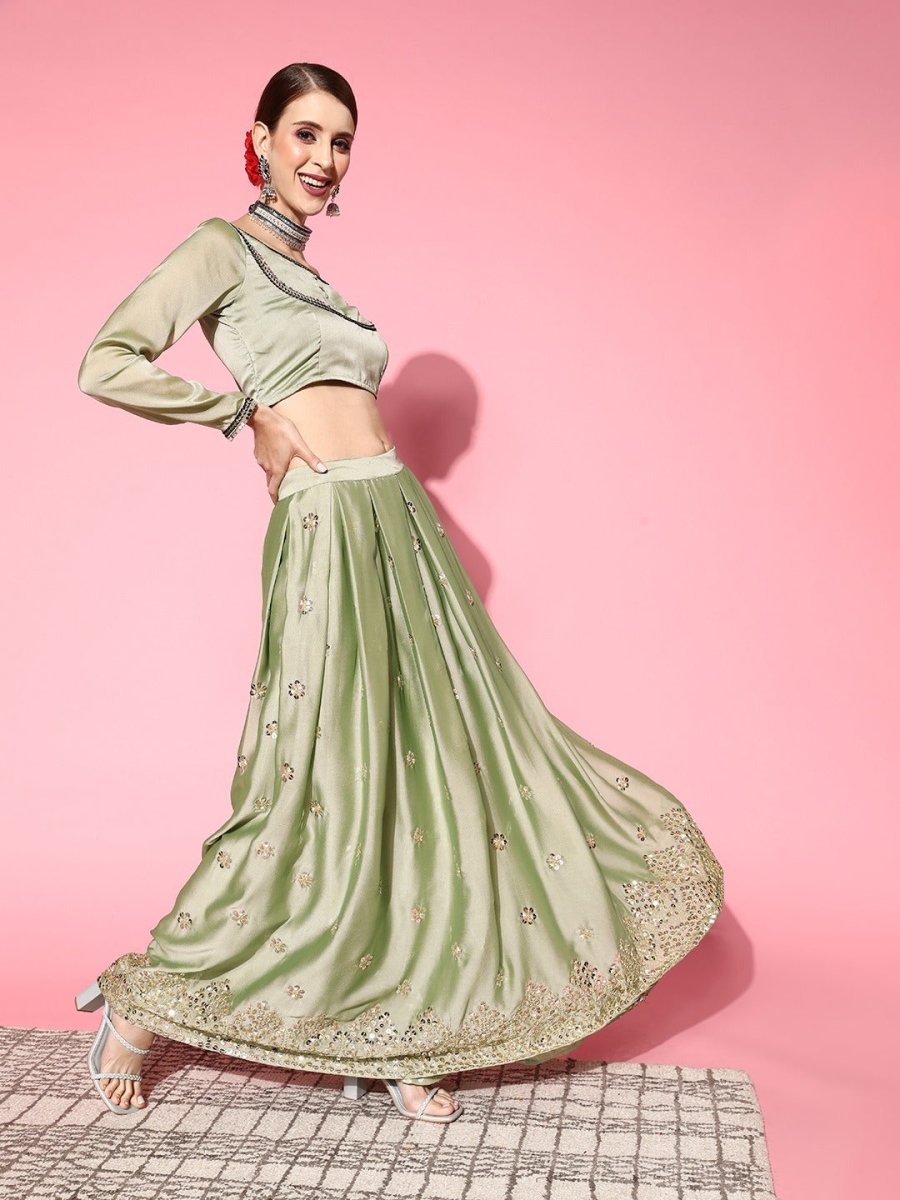 Stylish Green Embroidered Semi-stitched Lehenga Choli With Dupatta - Inddus.com