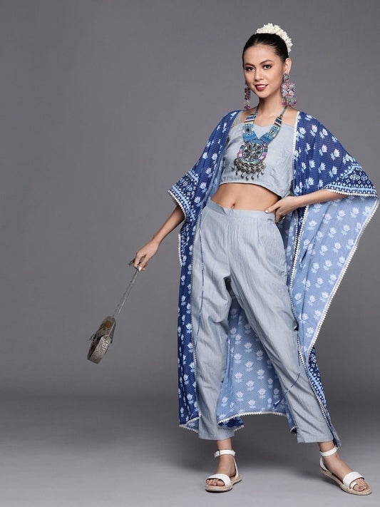 Subtle Blue Poly Georgette Printed Crop Top - inddus-us