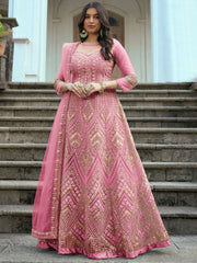 Superior Pink Net Embroidered Partywear Gown - Inddus.com