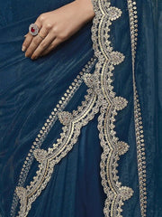 Teal and gold-toned Embroidered Sequinned Net Saree - Inddus.com