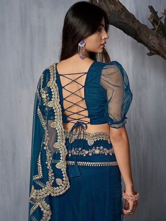 Teal and gold-toned Embroidered Sequinned Net Saree - Inddus.com