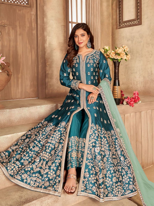 Teal Blue Art Silk Partywear High Slit Style Suit - Inddus.com