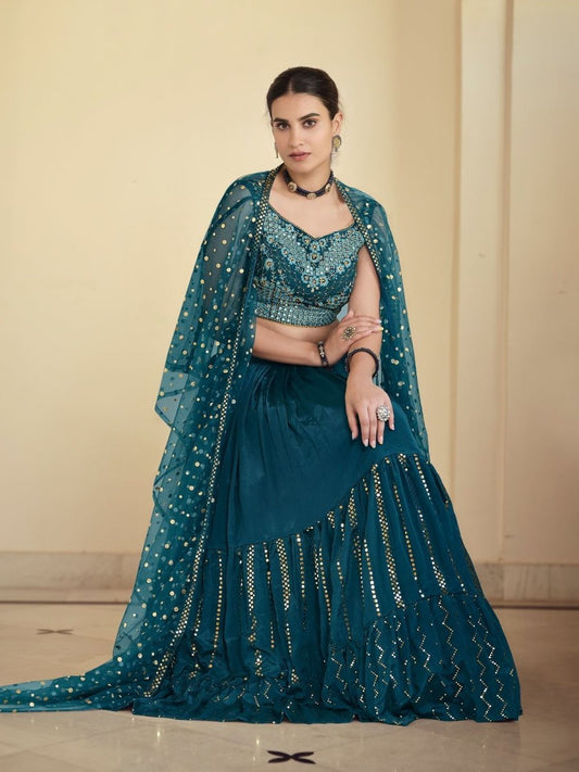 Teal Blue Crepe Festive Lehenga Choli - Inddus.com