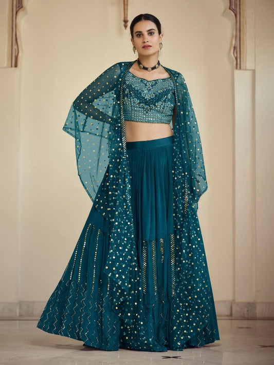 Teal Blue Crepe Festive Lehenga Choli - Inddus.com