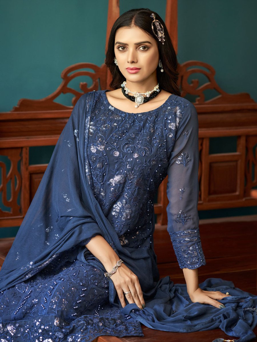 Teal Blue Embroidered Festive-Wear Straight-Cut-Suit - Inddus.com