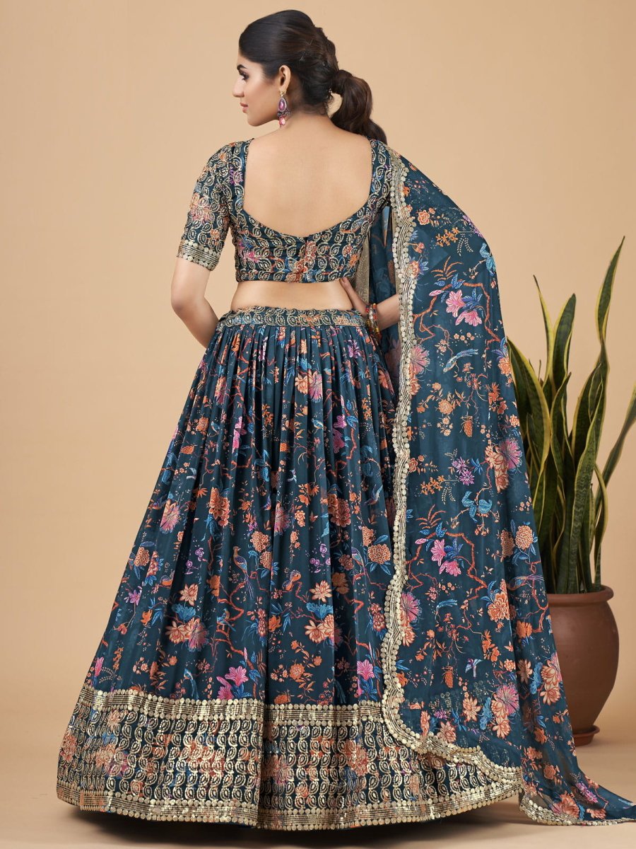 Teal Blue Georgette Embroidered Lehenga Choli - Inddus.com