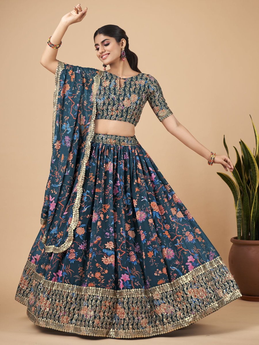 Teal Blue Georgette Embroidered Lehenga Choli - Inddus.com