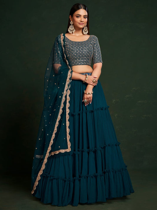 Teal Blue Georgette Embroidered Lehenga Choli - Inddus.com