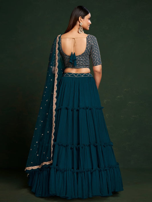 Teal Blue Georgette Embroidered Lehenga Choli - Inddus.com