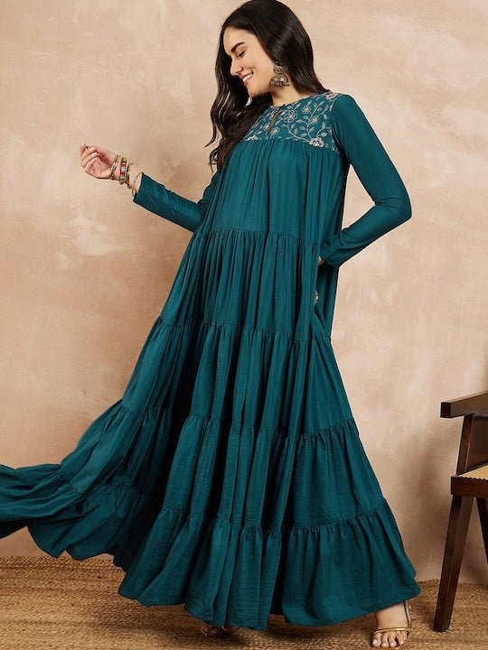 Teal-blue Keyhole Neck Long Sleeves Embroidered Tiered A-Line Ethnic Dress - Inddus.com