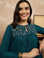 Teal-blue Keyhole Neck Long Sleeves Embroidered Tiered A-Line Ethnic Dress - Inddus.com