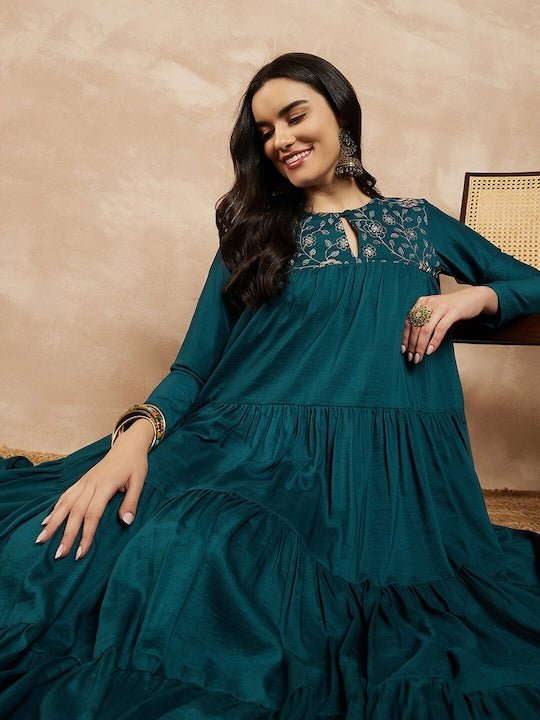 Teal-blue Keyhole Neck Long Sleeves Embroidered Tiered A-Line Ethnic Dress - Inddus.com