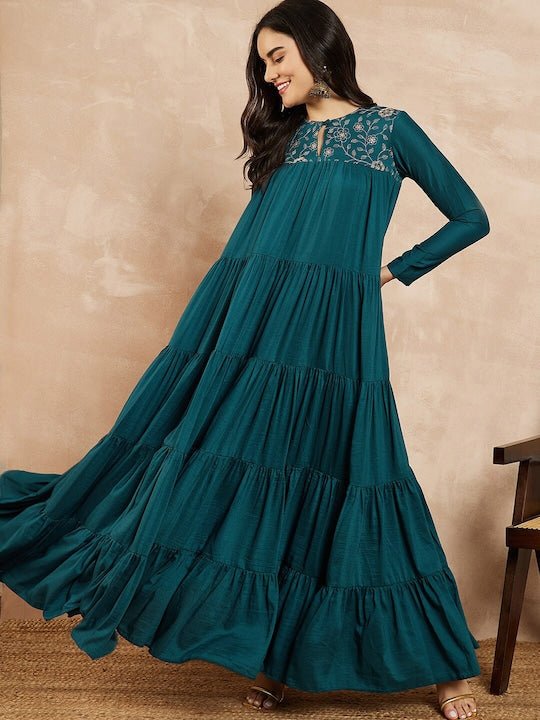 Teal-blue Keyhole Neck Long Sleeves Embroidered Tiered A-Line Ethnic Dress - Inddus.com