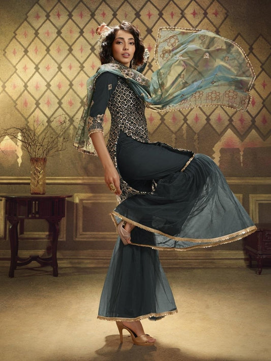 Teal Blue Net Embroidered Partywear Sharara Suit - inddus-us