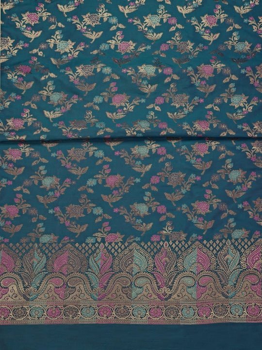 Teal Blue & Pink Banarasi Silk Unstitched Dress Material - Inddus.com