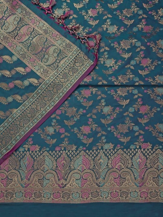 Teal Blue & Pink Banarasi Silk Unstitched Dress Material - Inddus.com