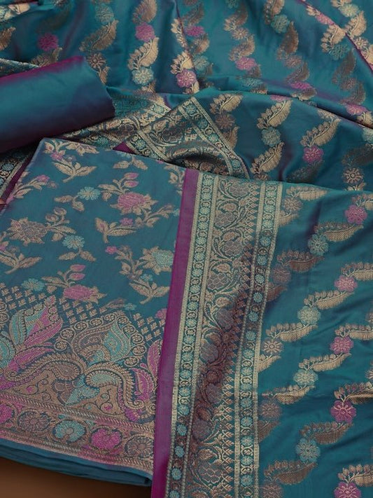 Teal Blue & Pink Banarasi Silk Unstitched Dress Material - Inddus.com