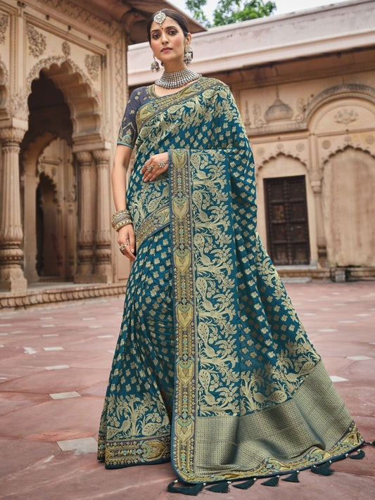 Teal Blue Silk Woven Saree - inddus-us