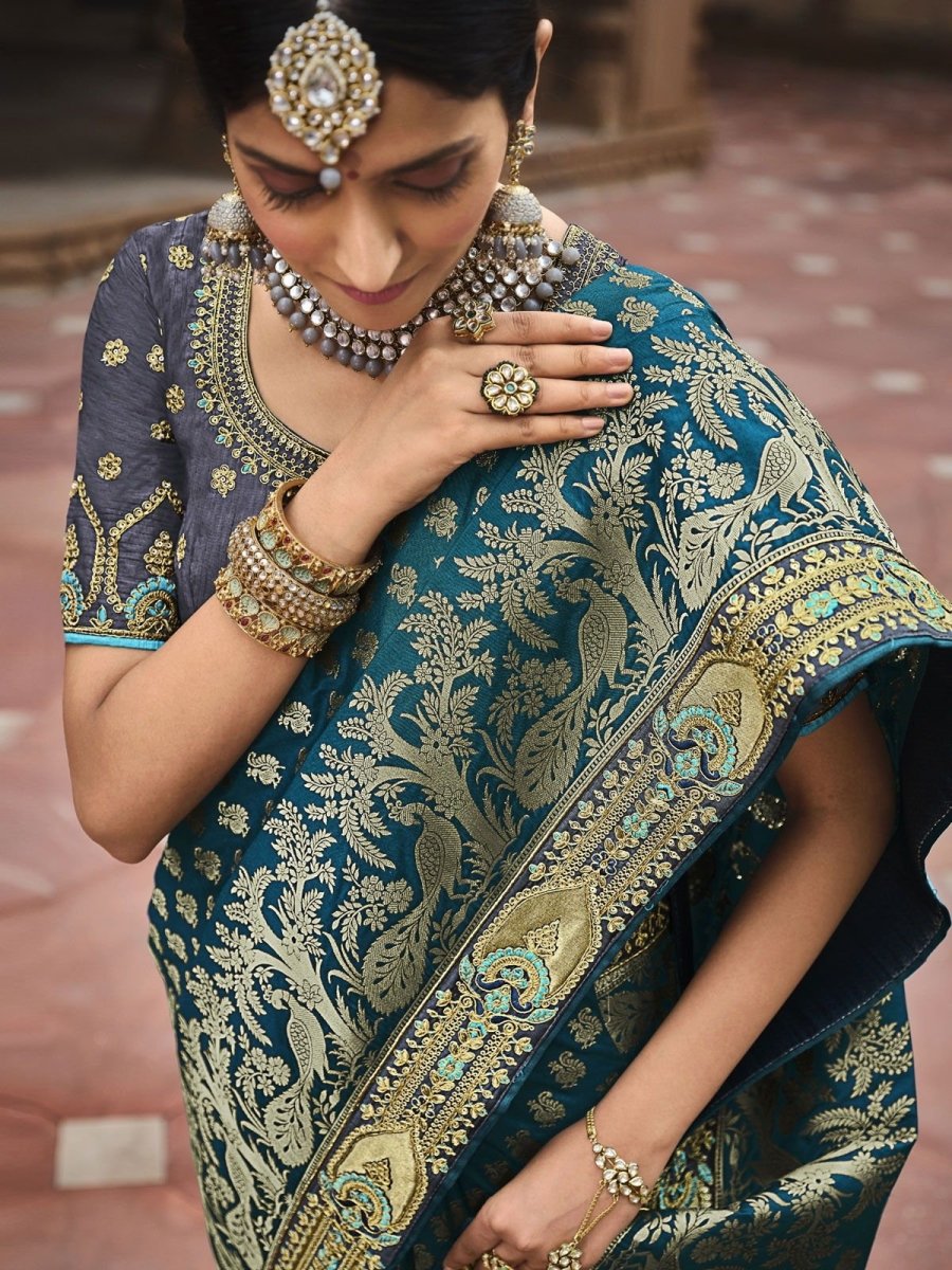 Teal Blue Silk Woven Saree - inddus-us